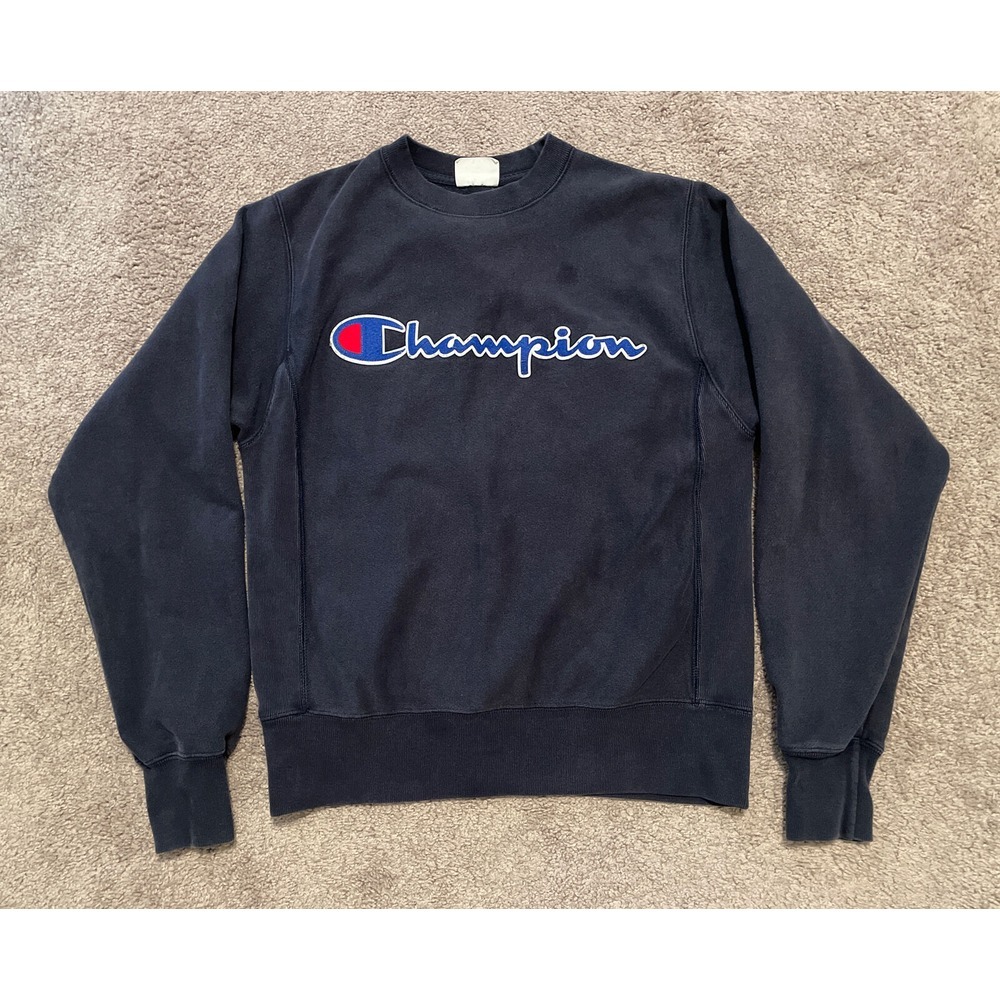 Champion Reverse Weave Sweater Mens Size Small Big Spellout Blue